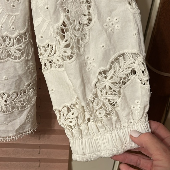 Sundance Top Embroidered Eyelet White Long Sleeve Tassle Tie Boho Blouse Medium - Picture 7 of 11